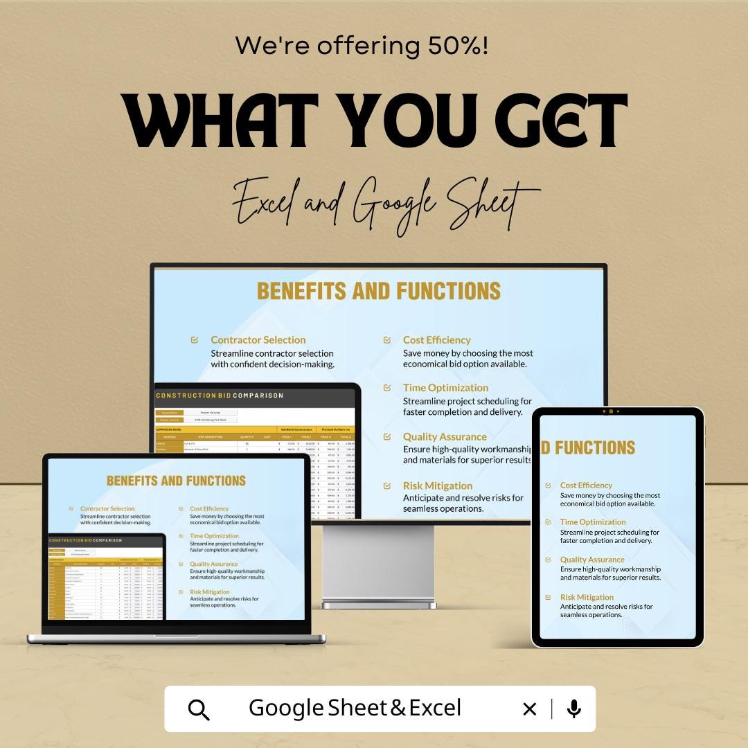 Construction Bid Comparison Template | Contractor Estimate Sheet | Project Cost Analysis | Construction Budget Tool