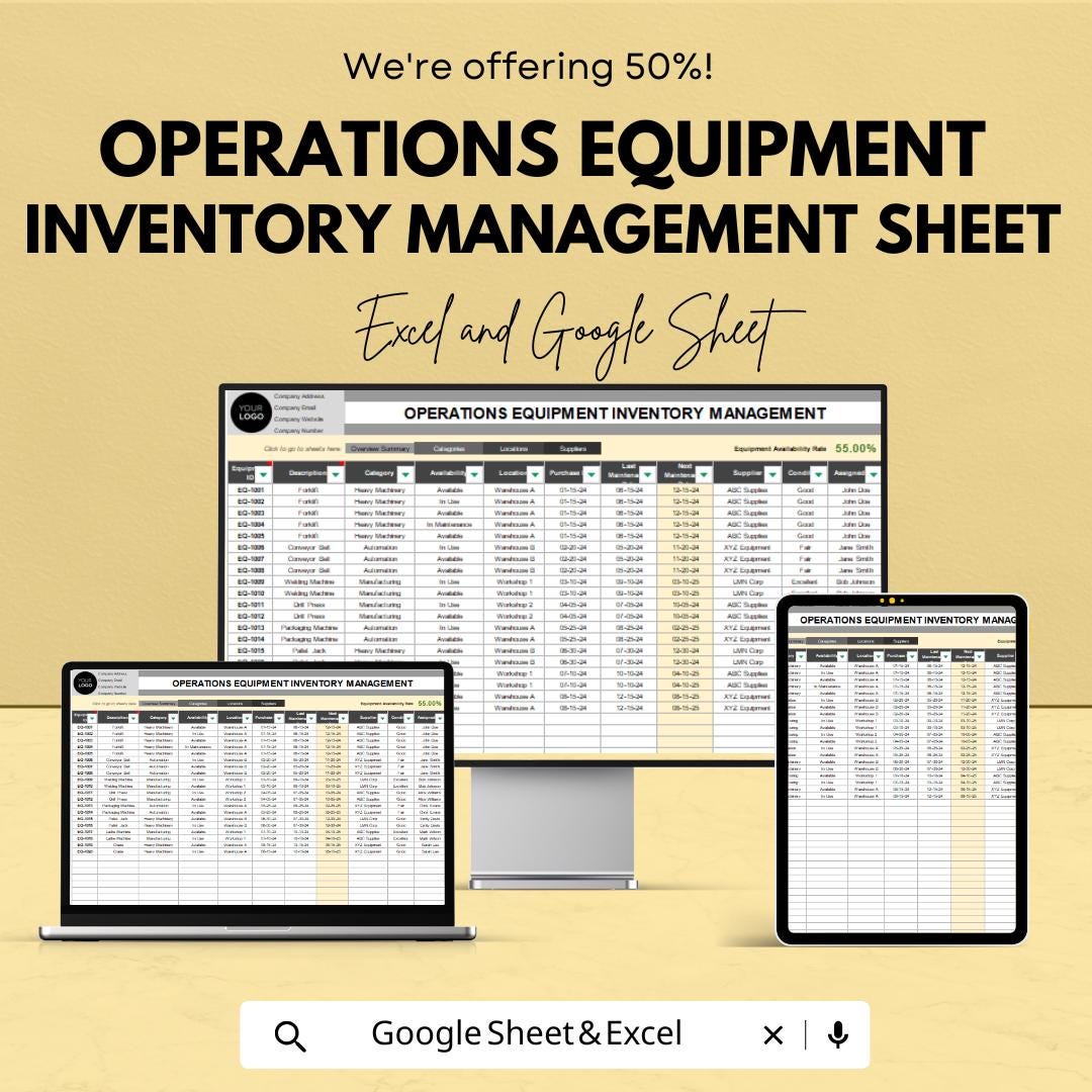 Operations Equipment Inventory Management Sheet | Excel and Google Sheets | Asset Tracking Log | Maintenance and Condition Report |