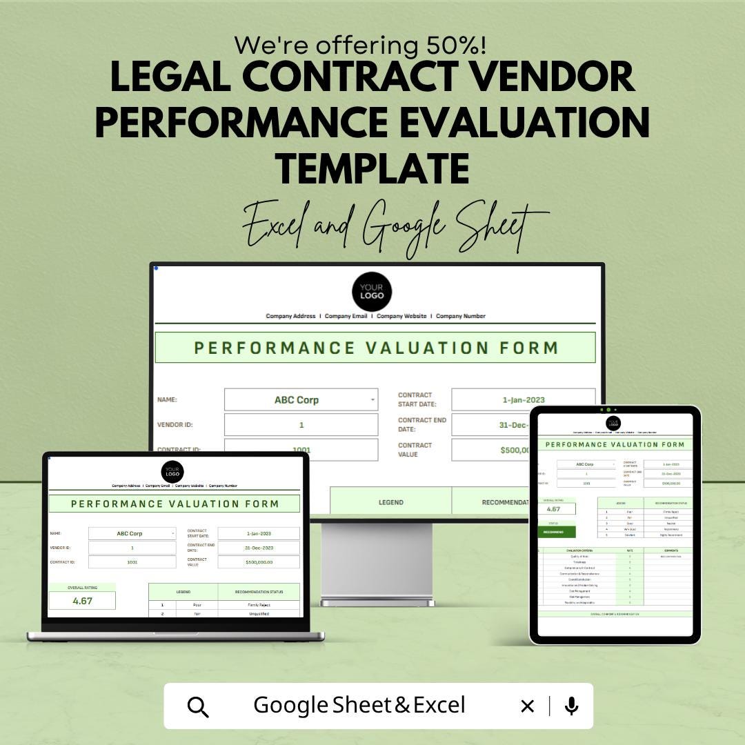 Vendor Performance Evaluation Template  | Contract Management Tracker | Supplier Scorecard | Vendor Assessment