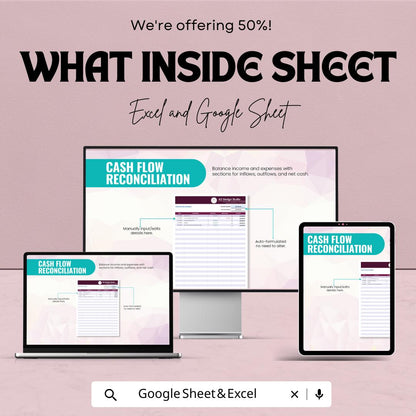 Cash Flow Reconciliation Sheet for Excel and Google Sheets | Financial Tracking Template | Balance Income, Expenses & Net Cash |