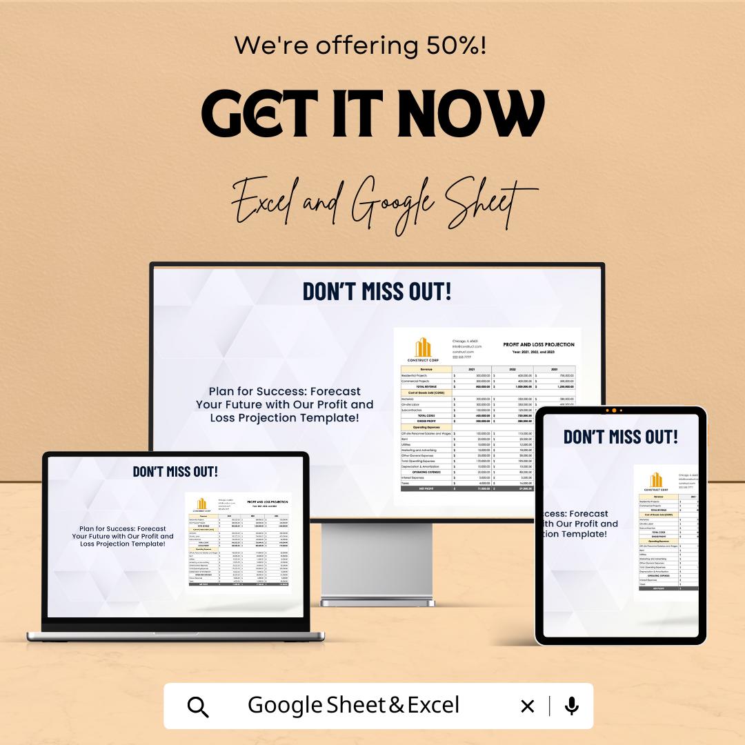 Profit and Loss Projection Template | P&L Statement Spreadsheet | Revenue and Expense Forecast | Business Finance Planner