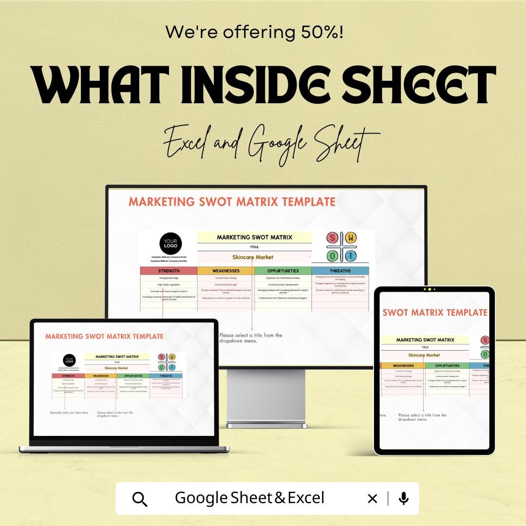 Marketing SWOT Matrix Template | SWOT Analysis Tool | Marketing Strategy Planner | Strengths Weaknesses Opportunities Threats Template