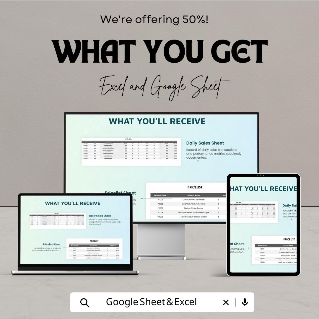 Daily Sales Report Template | Excel & Google Sheets | Sales Tracker Dashboard | Business Analytics Spreadsheet | Sales Performance Log
