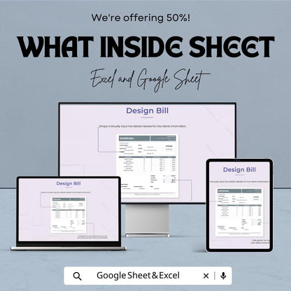 Design Bill Template - Excel & Google Sheets, Client Invoice, Creative Billing, Project Bill Tracker, Professional Design Billing Sheet,