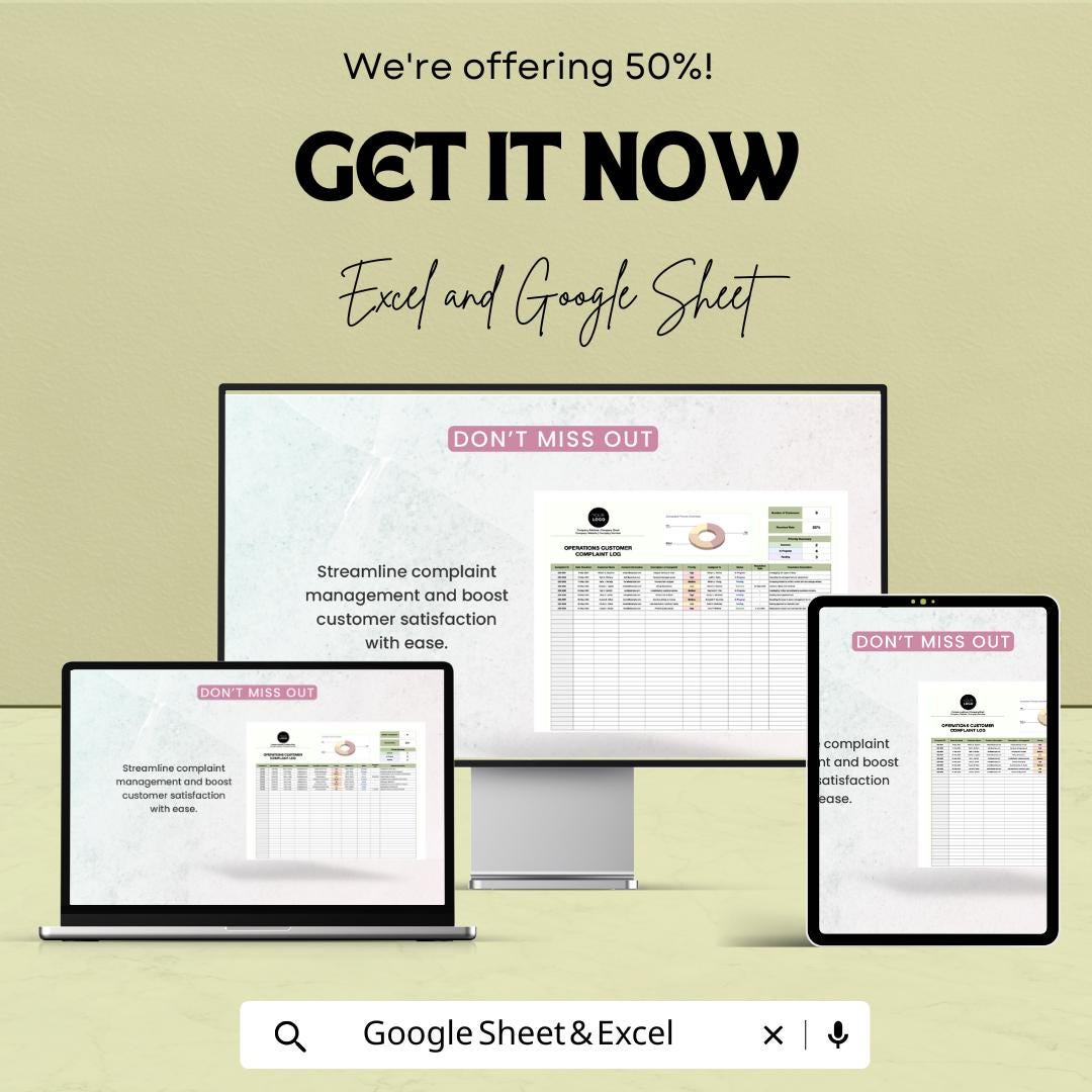 Customer Complaint Log Sheet | Google Sheets & Excel | Operations Tracker | Complaint Management Template | Business Issue Log