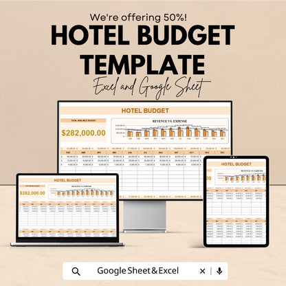 Hotel Budget Template | Hotel Expense Tracker | Revenue & Cost Management sheet | Excel and Google Sheets | Hospitality Finance Planner