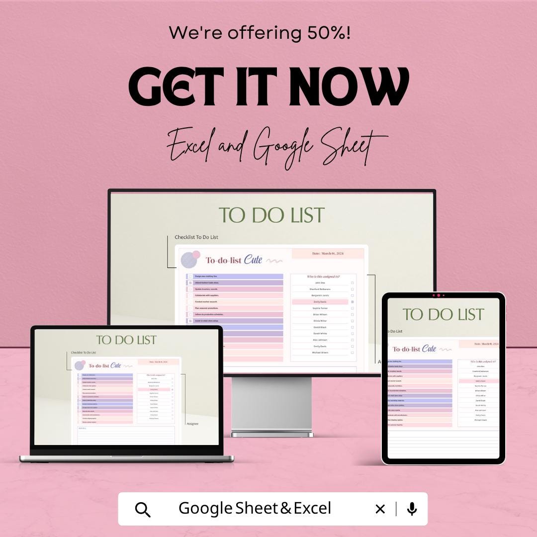 Cute To Do List Template | Daily Task Planner Spreadsheet | Productivity Checklist Organizer | Excel & Google Sheets | Printable Task
