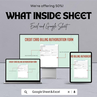Credit Card Billing Authorization Form - Excel & Google Sheets Template - Instant Download, Editable, Business Payment Authorization
