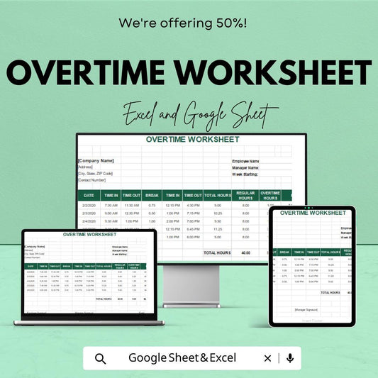 Overtime Worksheet Template Excel & Google Sheets | Track Employee Hours | Auto-Calculating Timesheet | Printable Time Log