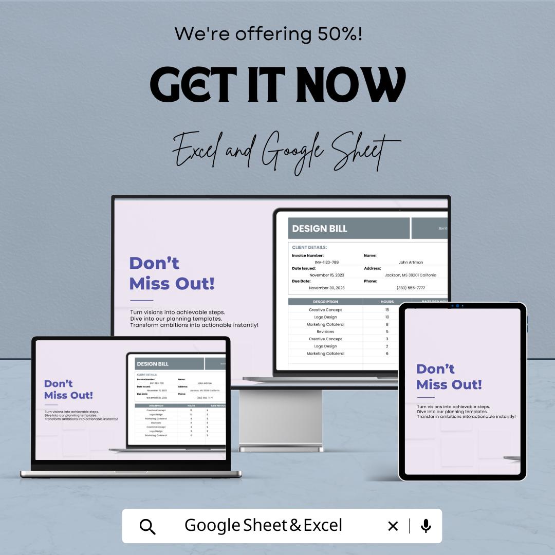 Design Bill Template - Excel & Google Sheets, Client Invoice, Creative Billing, Project Bill Tracker, Professional Design Billing Sheet,