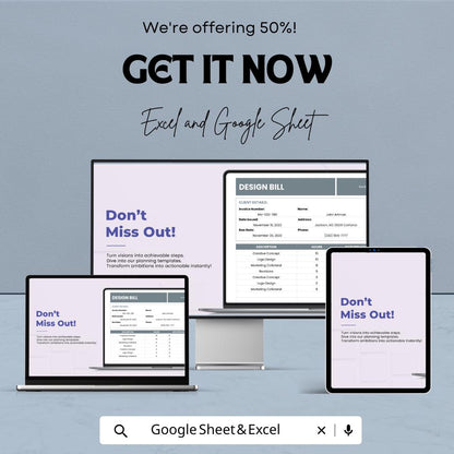 Design Bill Template - Excel & Google Sheets, Client Invoice, Creative Billing, Project Bill Tracker, Professional Design Billing Sheet,