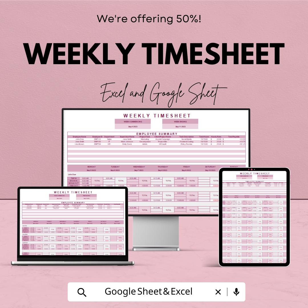 Weekly Timesheet Template – Excel & Google Sheets, 50% OFF – Track Employee Hours, Work Schedule, Time Management Tool,