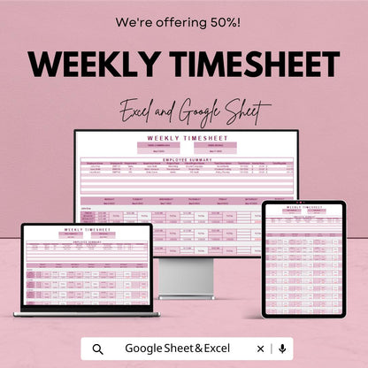 Weekly Timesheet Template – Excel & Google Sheets, 50% OFF – Track Employee Hours, Work Schedule, Time Management Tool,