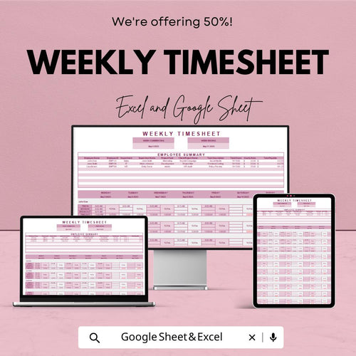 Weekly Timesheet Template – Excel & Google Sheets, 50% OFF – Track Employee Hours, Work Schedule, Time Management Tool,