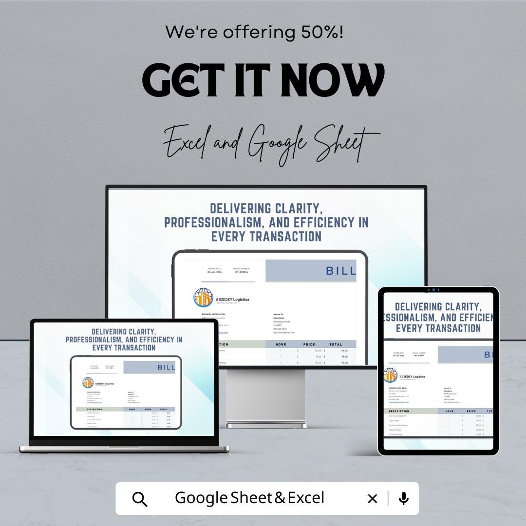 50% Off | Customizable Bill Sheet Template for Excel & Google Sheets | Invoice Template | Professional Bill Format for Business