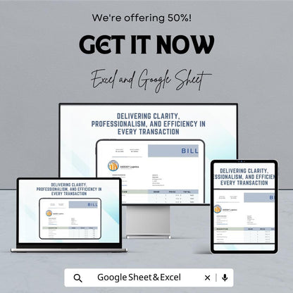 50% Off | Customizable Bill Sheet Template for Excel & Google Sheets | Invoice Template | Professional Bill Format for Business