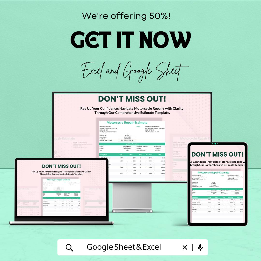 Motorcycle Repair Estimate Template - Excel & Google Sheets, Professional Vehicle Repair Estimation, Customizable, Maintenance Quote
