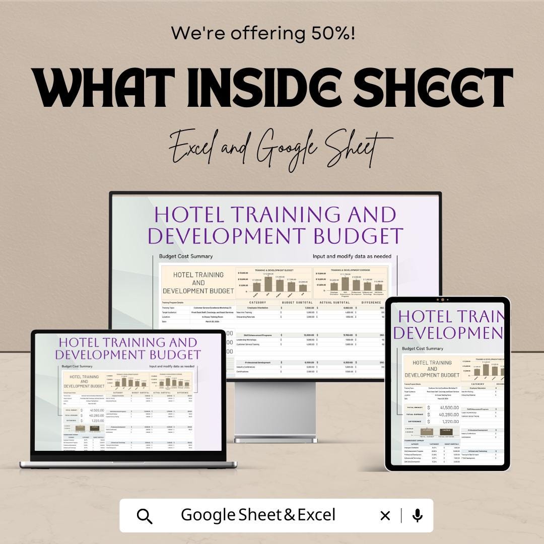 Hotel Training and Development Budget Sheet – Excel & Google Sheet Template – 2024 Training Budgeting for Hotels – Track Staff Training