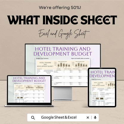 Hotel Training and Development Budget Sheet – Excel & Google Sheet Template – 2024 Training Budgeting for Hotels – Track Staff Training