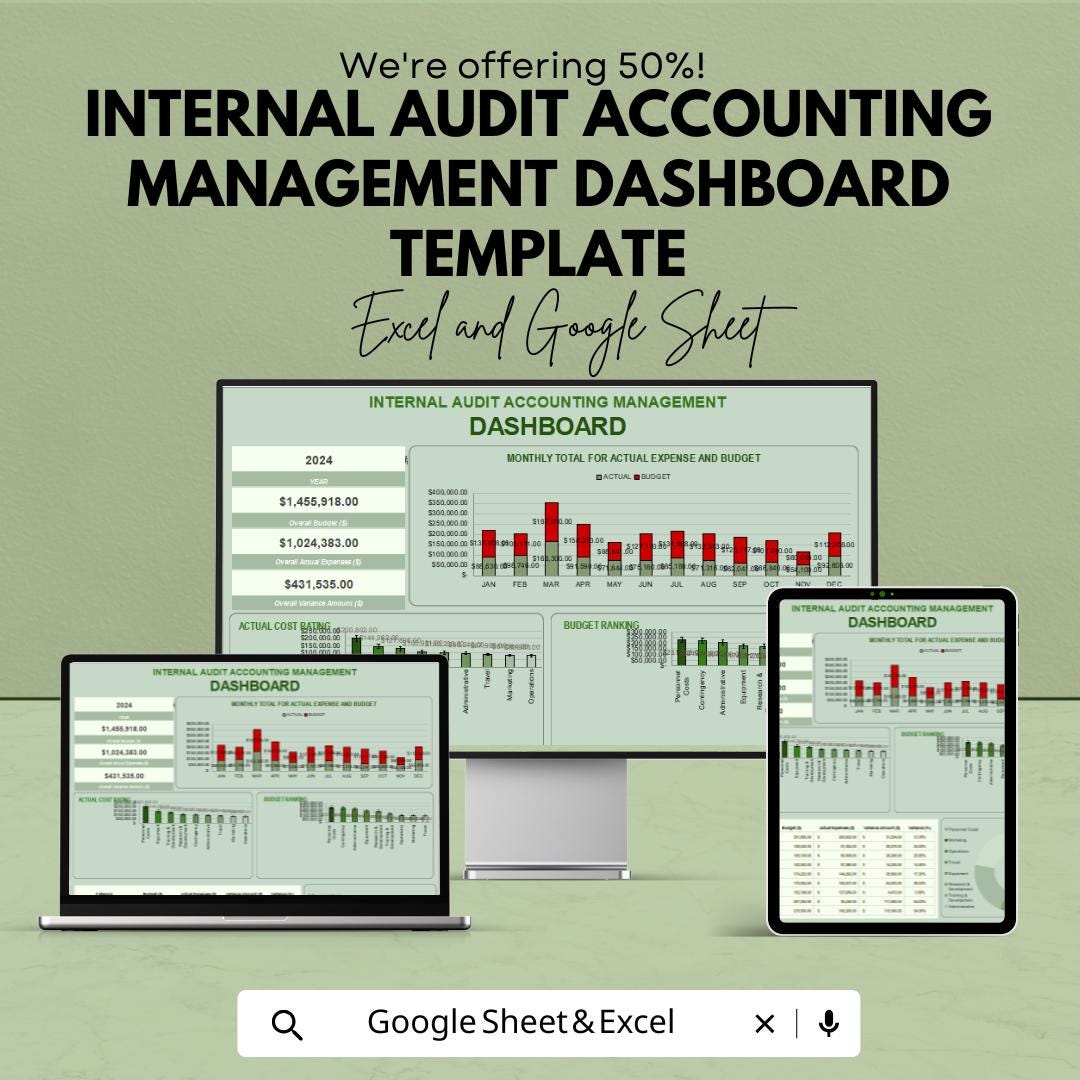 Internal Audit Accounting Management Dashboard Template | Audit Reporting Dashboard | Budget vs Actual Tracker | Financial Dashboard