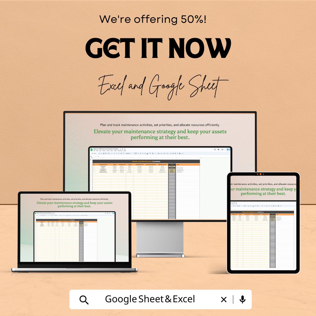 Repair and Maintenance Schedule Sheet | Excel and Google Sheets Template | Task Planning, Equipment Maintenance & Resource Allocation |