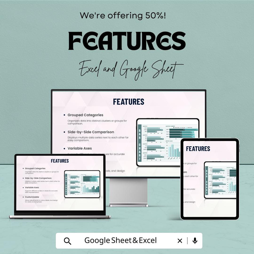 Clustered Bar Chart Sheet for Data Analysis | Excel and Google Sheet Template | Customizable Business Chart | Sales & Progress Visualization