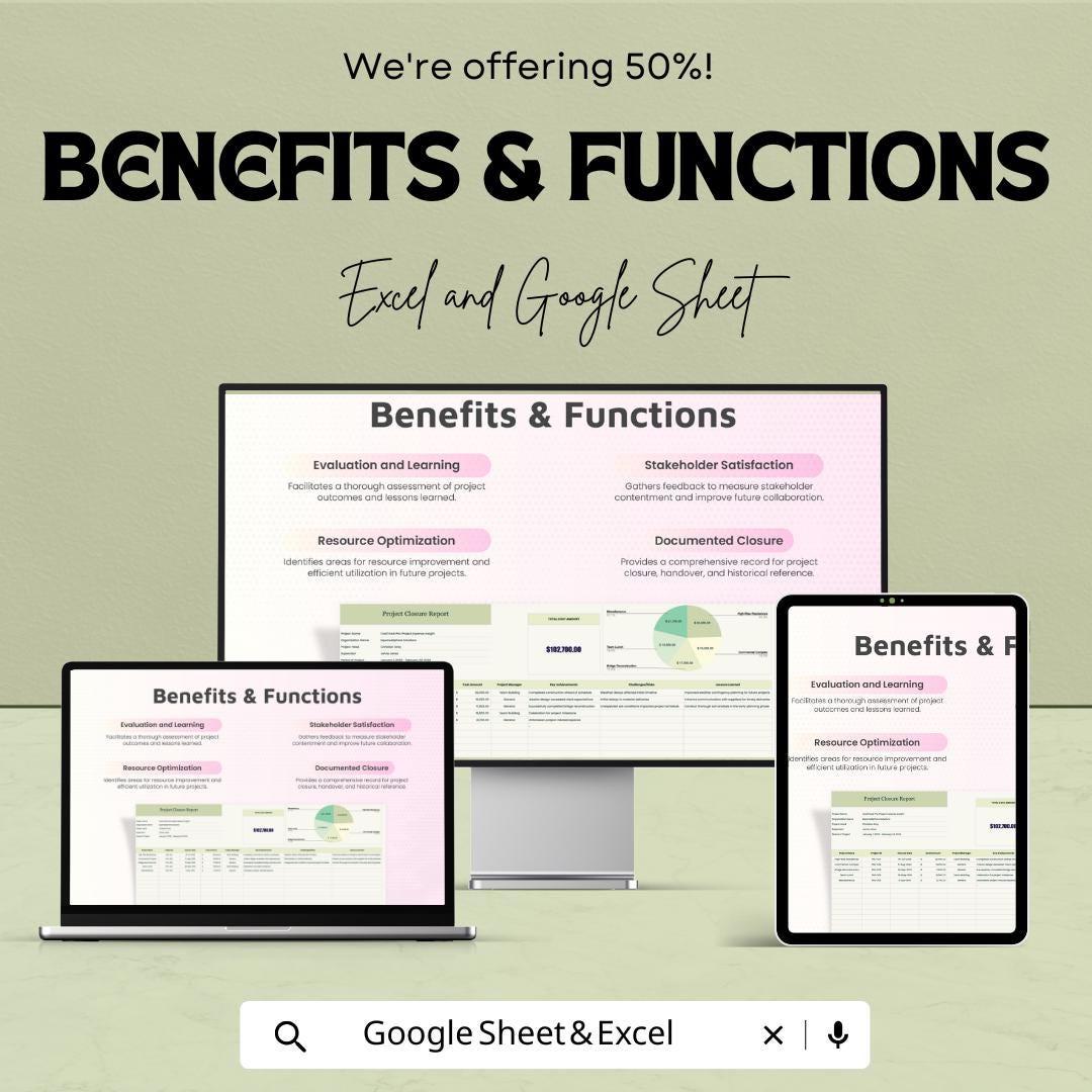 Project Closure Report Sheet | Excel and Google Sheet Template | Project Management Tool | Track Project Outcomes & Closure
