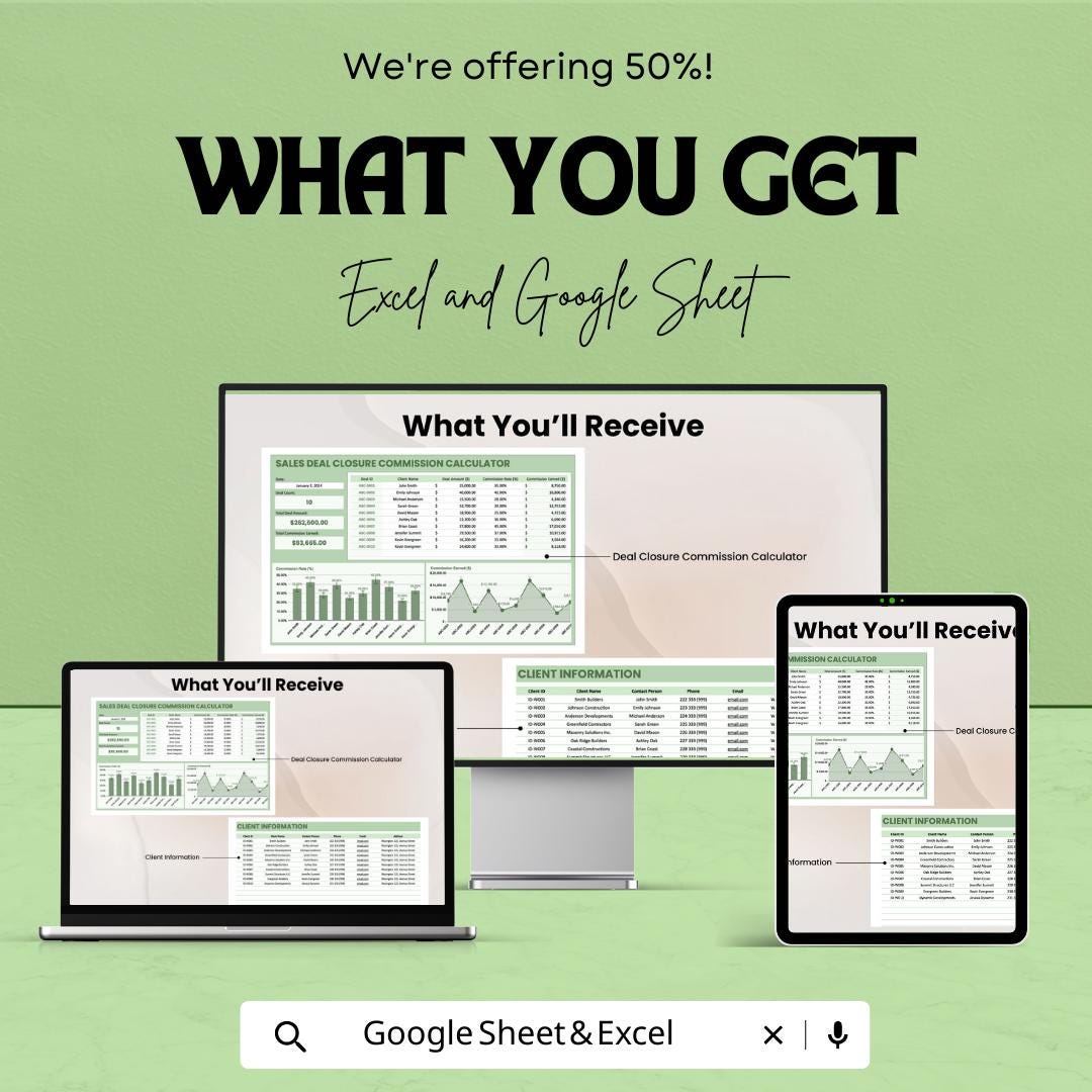 Sales Deal Closure Commission Calculator Template | Excel & Google Sheets | Sales Commission Spreadsheet | Commission Tracker