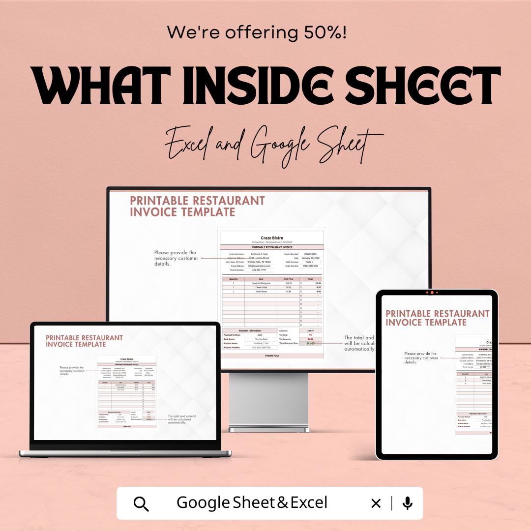 Printable Restaurant Invoice Sheet | Excel & Google Sheets Template | Customizable Restaurant Invoice | 50% Off | Easy-to-Use Template