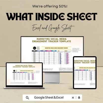 Marketing Social Media Engagement Tracker Template | Social Media Analytics Spreadsheet | Excel & Google Sheet | Engagement Report Dashboard