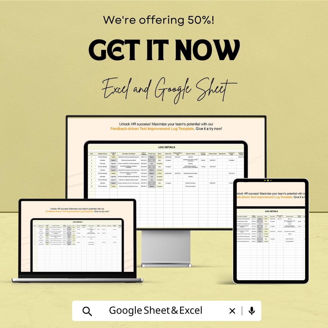 Feedback Driven Test Improvement Log HR Template, Excel & Google Sheets, Employee Performance Tracker, QA Feedback Log Spreadsheet