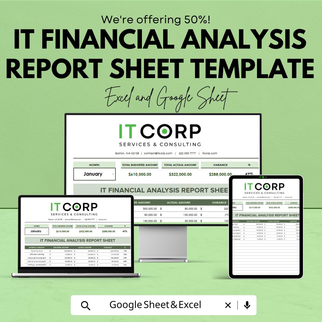IT Financial Analysis Report Sheet Template | IT Budget Analysis Spreadsheet | Cost Variance Report | Excel & Google Sheets