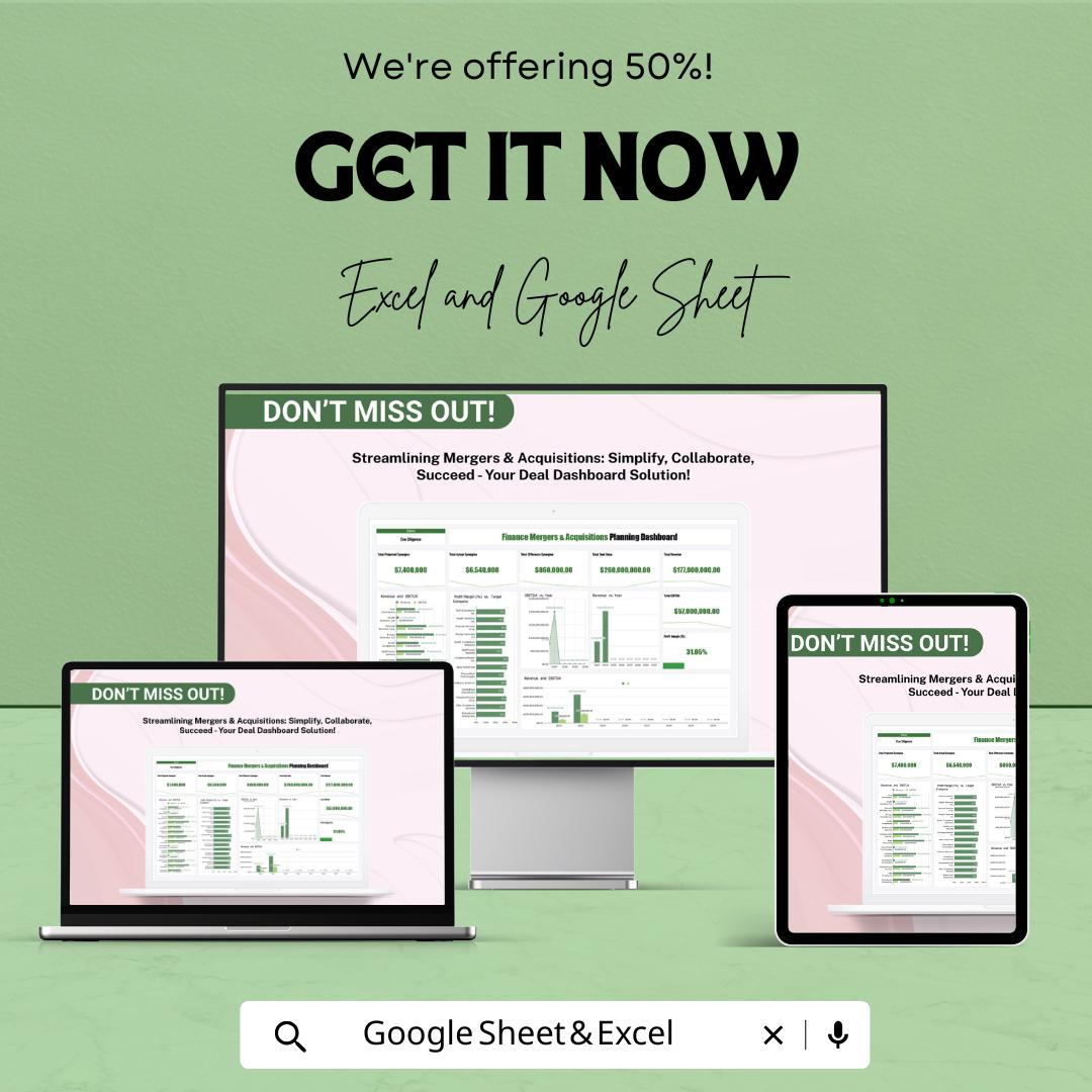 Mergers and Acquisitions Finance Planning Dashboard - Excel and Google Sheets Template for M&A Analysis and Strategy