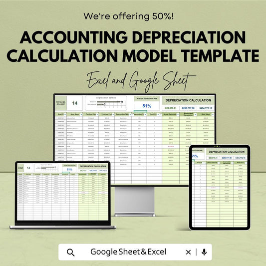 Accounting Depreciation Calculation Model Template | Asset Depreciation Calculator | Finance Spreadsheet | Accounting Template