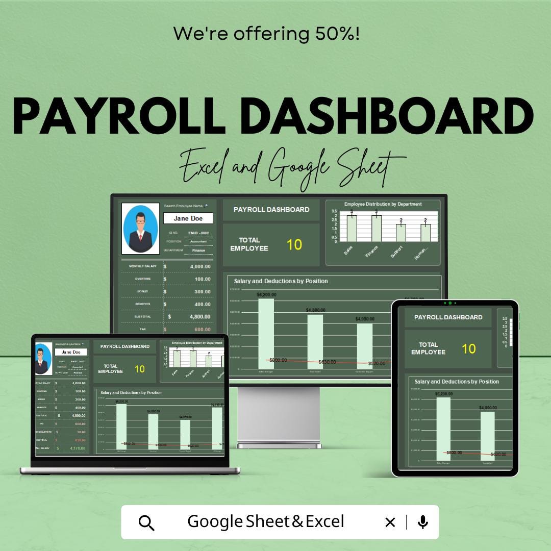 Payroll Dashboard Excel & Google Sheet - Real-Time Employee Salary Management, Compliance Tracking, Customizable Reports