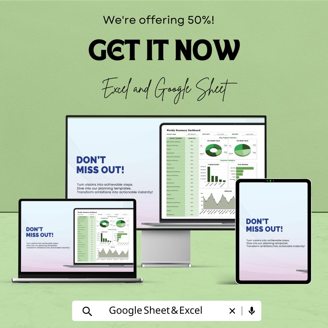 Weekly Dashboard Template | Business Performance Dashboard | Google Sheets & Excel | Weekly Progress Report Template