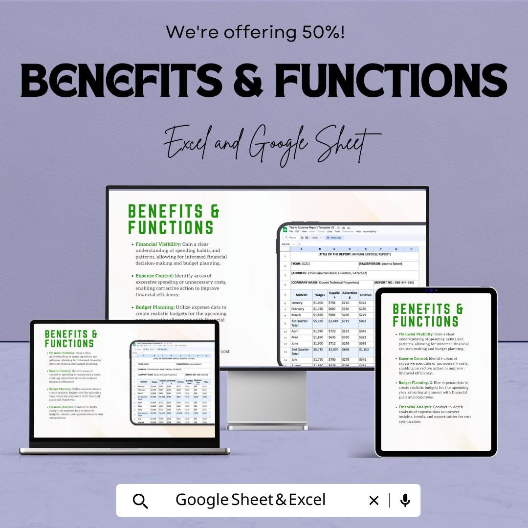 Yearly Expense Report Template | Annual Budget Tracker | Financial Report Template | Income & Spending Planner