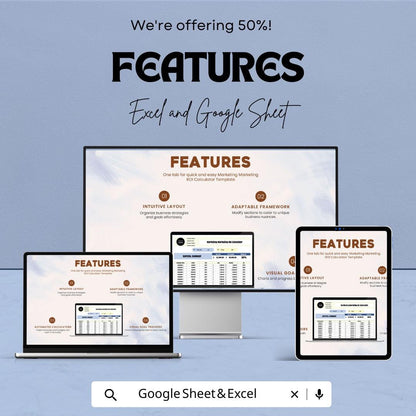 Marketing ROI Calculator Template | Marketing Budget Planner | ROI Tracker | Campaign Performance Analyzer | Business Finance Spreadsheet