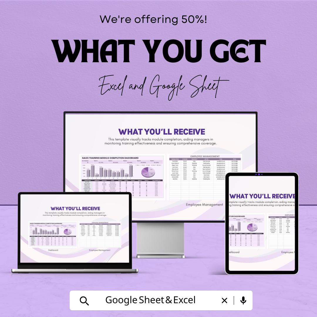 Sales Training Module Completion Dashboard Template | Excel and Google Sheet | Auto-Calculated & Formulated | Employee Training Tracker