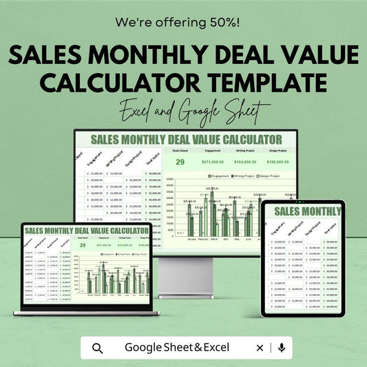 Sales Monthly Deal Value Calculator Template | Sales Performance Tracker | Monthly Deal Value Spreadsheet | Excel and Google Sheets Sales |