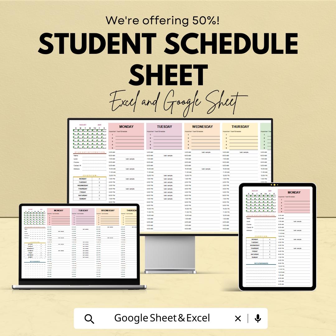 Student Schedule Sheet | Printable Study Planner | Google Sheets & Excel Template | Weekly Planner | Time Management for Students