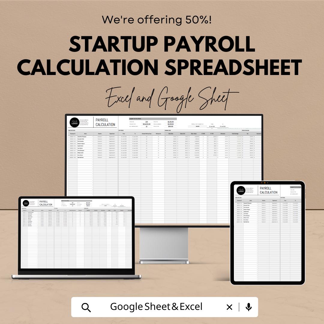 Startup Payroll Calculation Spreadsheet Template | Excel and Google Sheets | Payroll Calculator | Employee Salary & Payslip Tracker