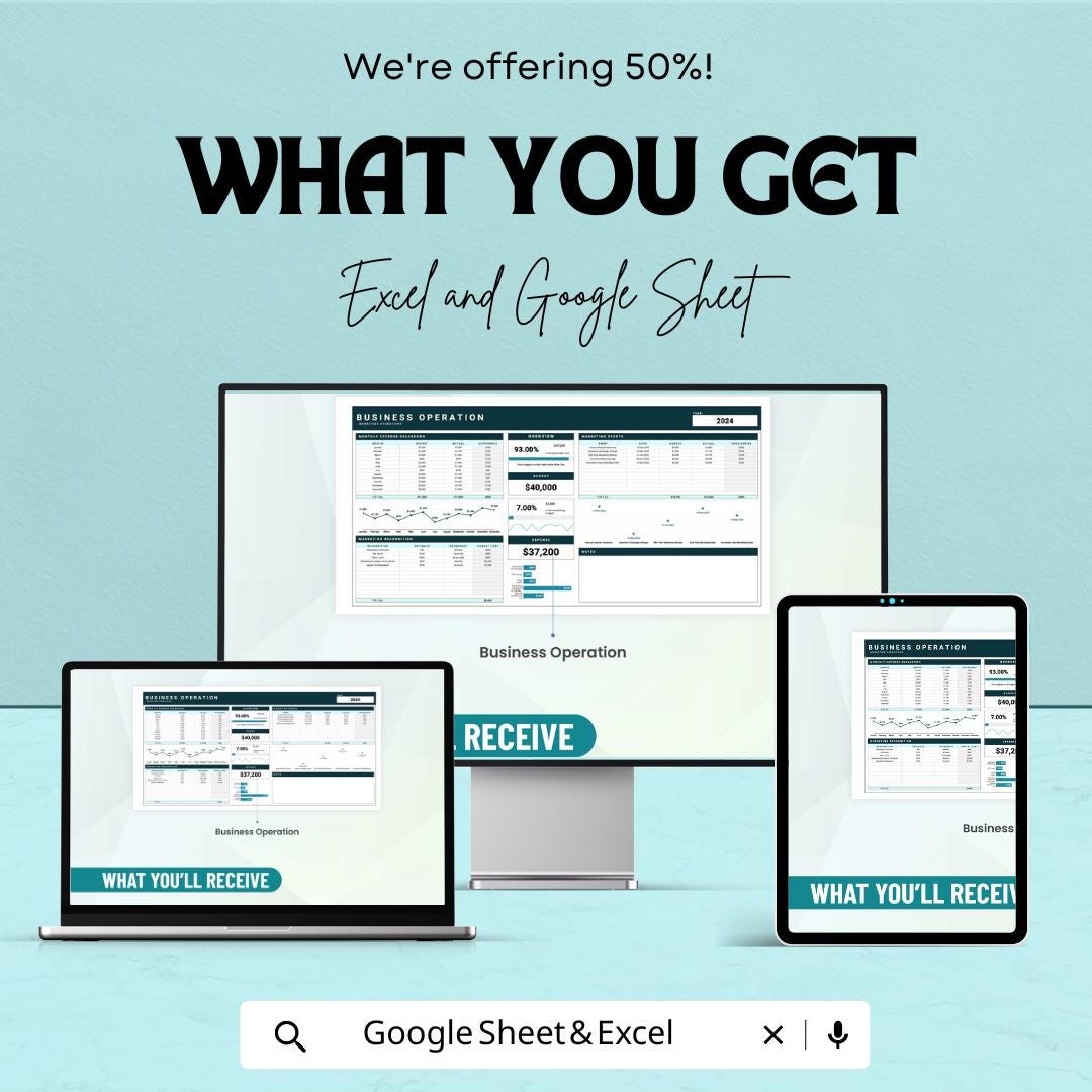 Business Operation Template - Excel & Google Sheets - Streamline Operations, Track Expenses, and Improve Efficiency - 50% Off