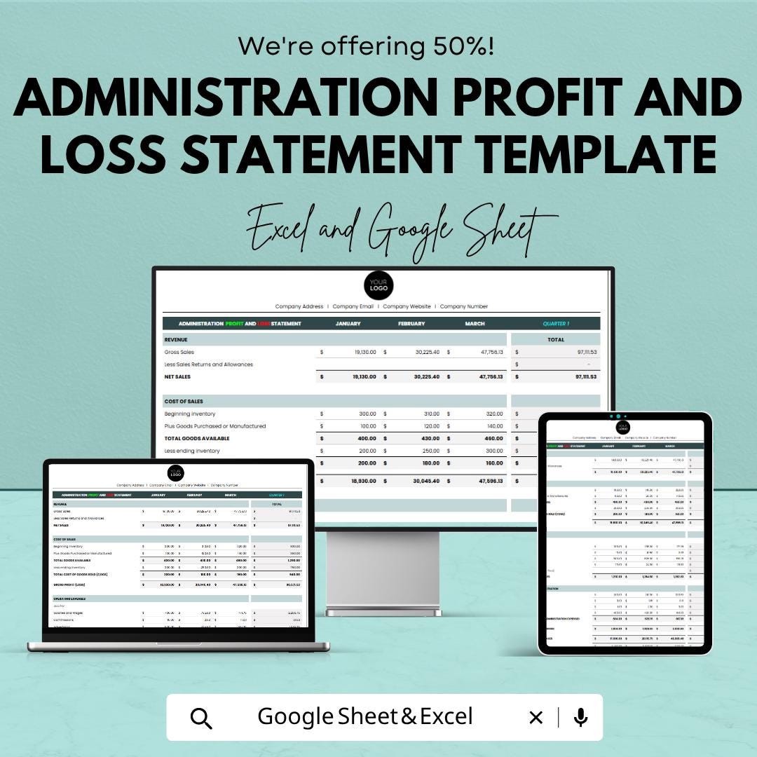 Profit and Loss Statement Template  | Income Statement Template | Business Finance Tracker | Monthly Profit Loss Spreadsheet