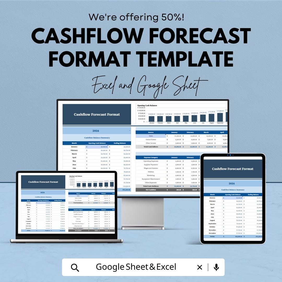 Cashflow Forecast Template Excel & Google Sheets | Monthly Cash Flow Planner | Business Budget Spreadsheet | Financial Planning Template