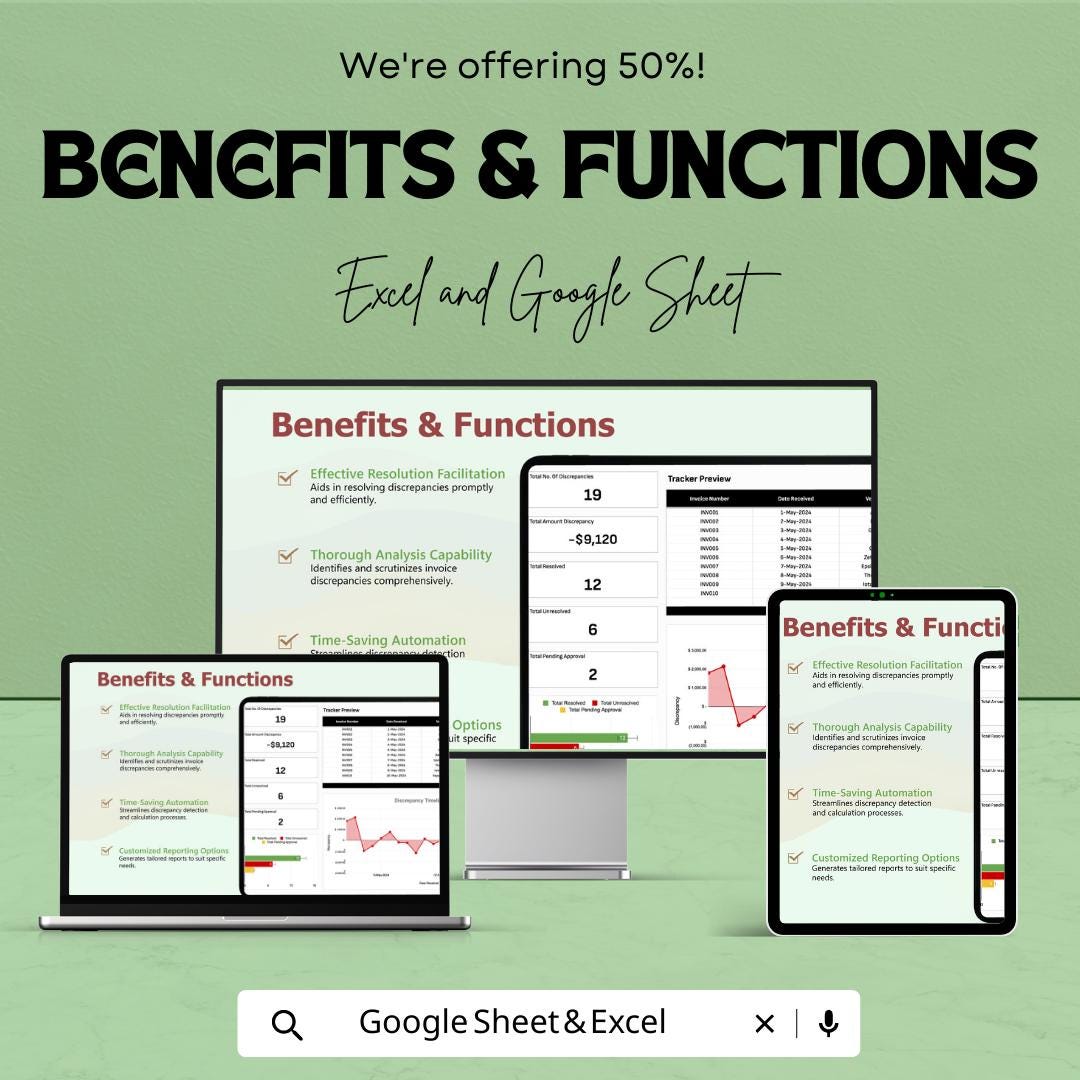Finance Invoice Discrepancy Analysis Template, Invoice Error Tracker, Accounts Payable Audit Sheet, Billing Discrepancy Log