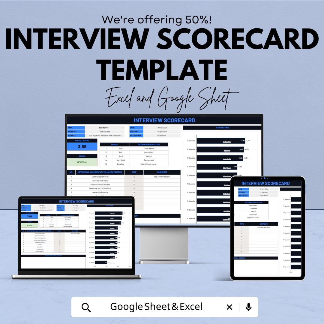 Interview Scorecard Template | Candidate Evaluation Sheet | Interview Assessment Tracker | HR Recruitment Tool