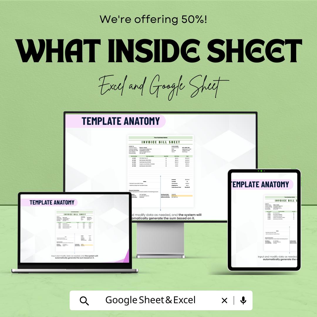 Invoice Bill Sheet for Small Business | Professional Invoice Template | Excel and Google Sheet | Customizable Billing Template