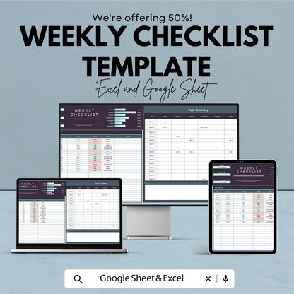 Weekly Checklist Template | Weekly Planner Excel | Task Management Spreadsheet | Habit Tracker Printable | Productivity Planner