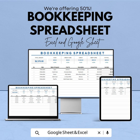 Bookkeeping Spreadsheet for Small Business | Excel & Google Sheets Template | Income Expense Tracker | Finance Budget Log | Instant Download